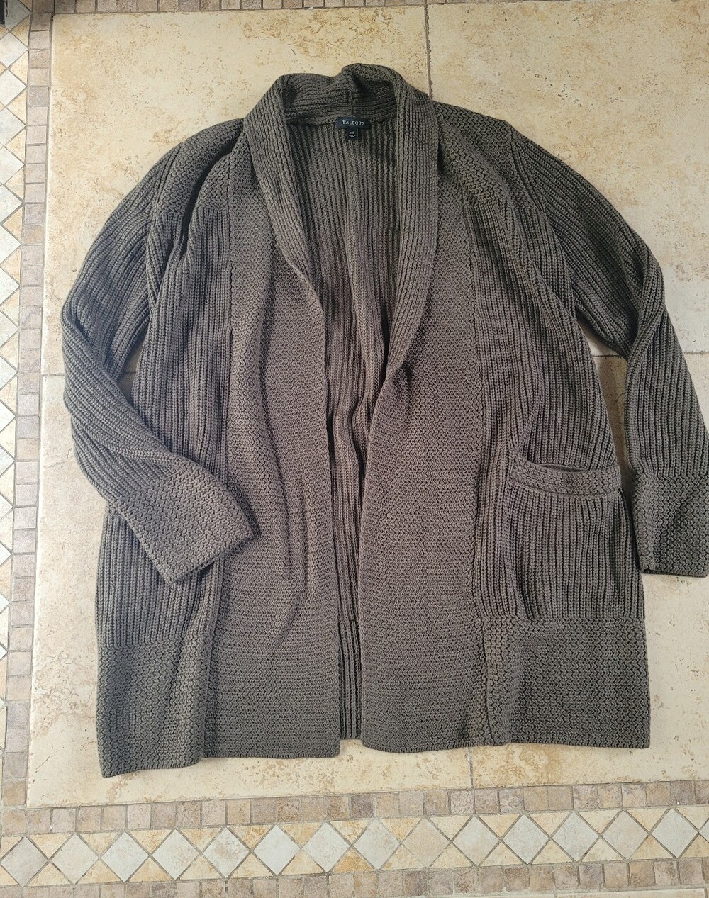 Talbots Olive Knit Shawl-Collar Open Cardigan